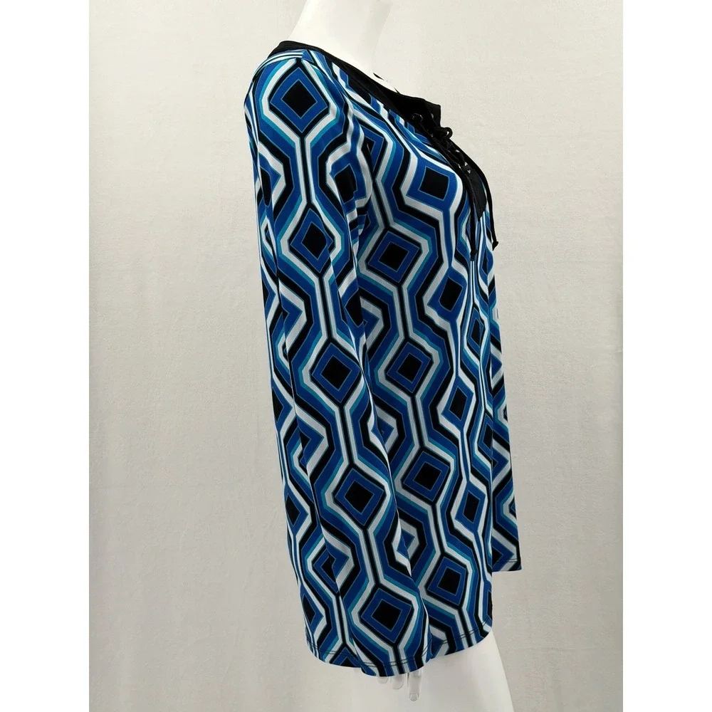 Michael Kors Top Womens Small Blue Geometric Lace Up V-Neck Mod Stretch‎ Office
